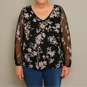 CALVIN KLEIN Women's Black 1X Floral Top Blouse Lined Sheer Sleeves V-Neck Flowy